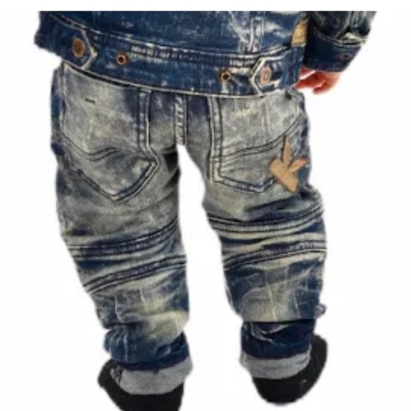 BOYS’ RIBBING MOTO JEANS WITH PATCHES-INDIGO - Picture 3 of 3